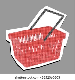 Grocery basket symbol dotted collage element pointillize in paper torn icon vector, combining shopping with artistic texture. Perfect for food delivery apps, retail, or abstract consumer concepts.