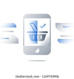 Grocery basket symbol on mobile phone screen, e-commerce concept, online food shopping and order delivery, smartphone app concept, vector icon, flat illustration