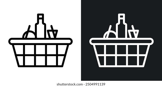 Conjunto de iconos de Vector de cesta de comestibles con estilo relleno y delineado en blanco y negro.
