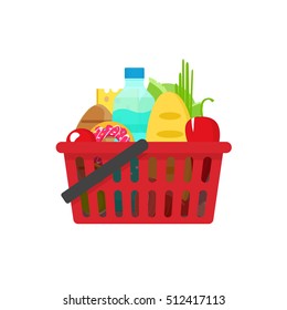 Grocery basket vector illustration, full of healthy groceries products shopping basket flat cartoon style, food and drinks in supermarket basket concept, food shopping icon