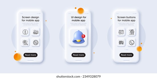 Paquete de iconos de canasta, de llamada web e de línea Info. Se burlan del teléfono 3d con alerta de timbre. Pantalla de teléfono inteligente de vidrio. Calendario de notificaciones, estadísticas de búsqueda, icono web del centro de llamadas. Vector