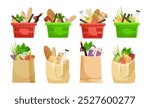 Grocery baskets and bags filled with food items. Vector illustration