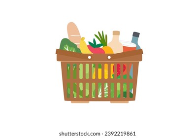 Grocery basket.Shopping basket full of grocery food and drink products 