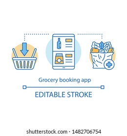 Grocery booking app concept icon. Customer service, home food delivery idea thin line illustration. Shopping basket, smartphone and vegetables package vector isolated outline drawing. Editable stroke