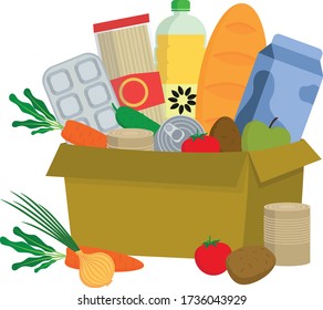 Grocery box. Food delivery. Food donation. Vector  illustrations.