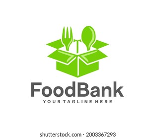 Grocery Box, Food, Fork And Spoon, Logo Design. Food Bank, Charitable Foundation And Organizations, Vector Design And Illustration