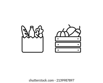Grocery box, vegetables, daily products, milk and bred simple icon vector illustration. Grocery store.