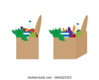 Grocery Boxes with Fruits, Vegetables, Bread, Bottles and Jars on White Background