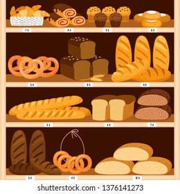 Grocery breads shelves. Bread and fresh pastries wood showcase, bakery products in wooden interior. Bagel and brown sliced loaf, donut and cheesecakes vector illustration