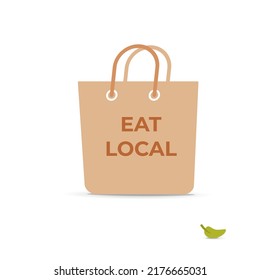 Grocery Brown Bag With Eat Local Text Concept Design. Recycle Paper Bag Or Package. Flat Cute Bag Icon Illustration.