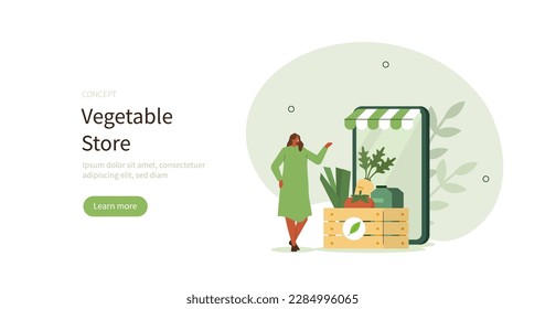 
Compras de comestibles. Personajes eligiendo y comprando diferentes verduras en línea en smartphone directo desde el mercado de los agricultores. El concepto de producción local es de soporte y de granja a mesa. Ilustración vectorial.