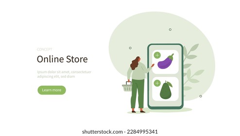 Grocery buying. Character holding shopping basket and choosing different types of groceries on mobile phone screen. E-commerce concept. Vector illustration.