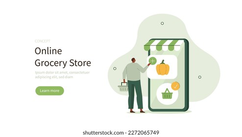 Grocery buying. Character ordering fresh vegetables and other products from online grocery store. Mobile farmers market concept. Vector illustration.