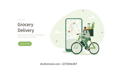 
Grocery buying. Delivery boy riding bike and bringing fresh vegetables and other products from online grocery store. Green logistic and farm to table concept. Vector illustration.