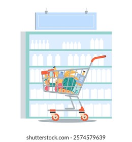 Grocery cart against background of supermarket shelves. Fresh fruits and vegetables, milk products and meat, canned food. Trolley in shop. Cartoon flat style isolated vector concept