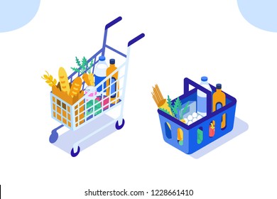 Grocery Cart And Basket. Flat Isometric Vector Illustration Isolated On White Background.