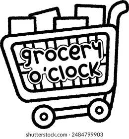 grocery cart with colorful packages and "grocery o'clock" text