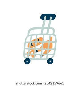 Grocery Cart Container on Wheels with Food Eco Products Isolated on White Background. Vector Illustration in Hand Drawn Style