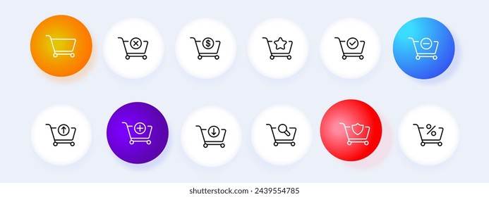 Conjunto de iconos de carrito de compras. Compra en línea, cruz, dólar, estrella, marca de verificación, más, escudo, porcentaje. Estilo neomorfista. Icono de línea vectorial para negocios y publicidad