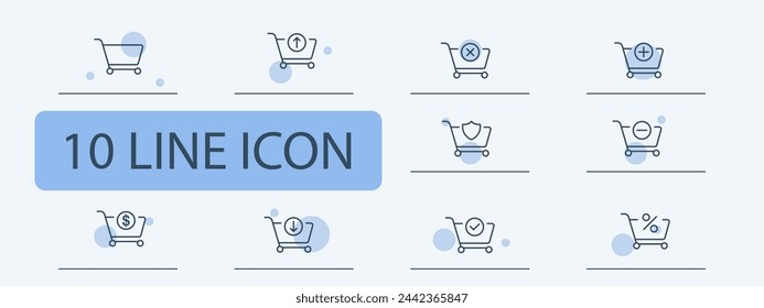 Grocery cart icon set. Search, shopping cart, online shopping, delivery, minus, plus, confirmation. 10 line icon style. Vector line icon for business and advertising