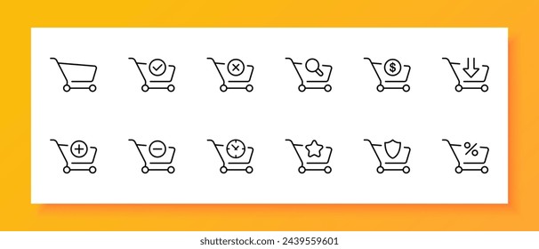 Grocery cart icon set. Shopping, supermarket, grocery, store, goods, basket, market family, daily food, cash register. Black icon on a white background. Vector line icon for business and advertising