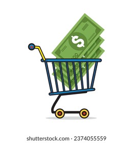 Grocery cart with money on a white background, sticker, illustration, vector, cartoon, EPS 10.
 
