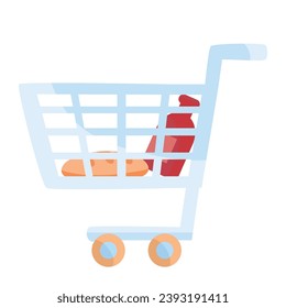 grocery cart with the necessary groceries, flat, isolated object on a white background, vector, eps