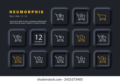 Icono de línea de juego de carrito de compras. Compras, descuentos, supermercado, compras. tarjeta de membresía, porcentaje, temporizador. Estilo neomorfista. Icono de línea vectorial para negocios y publicidad