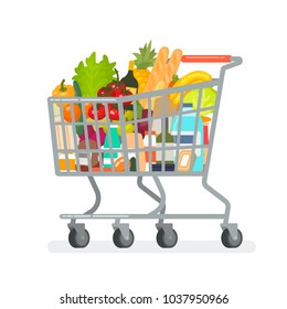 Grocery cart from the supermarket with products. Vector illustration in a flat style