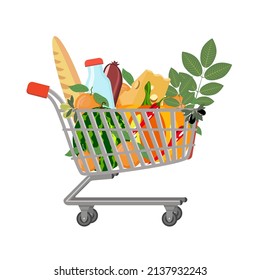 Grocery cart with watermelon,pumpkin,oranges,bread,cheese,milk,sausage,isolated on a white background.Vector illustration for shops, retail outlets,supermarkets.