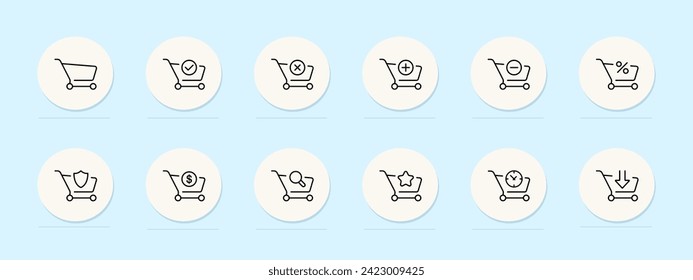 Grocery carts line icon. Farmer's market, produce, organic, locally sourced, seasonal, colorful, variety, nutrition. Pastel color background. Vector line icon for business and advertising
