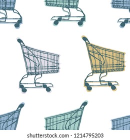 grocery carts on white background seamless vector repeat pattern