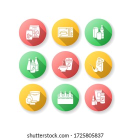 Grocery categories flat design long shadow glyph icons set. Snacks in packets. Ready meal. Beverage types. Chili sauces, ketchup in bottle. Beauty and health. Silhouette RGB color illustration