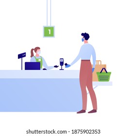 Grocery Checkout In Covid19 Pandemic. Vector Flat Person Illustration. Man Ustomer And Woman Cashier In Face Medical Mask. Contactless Payment By Smartphone. Supermarket Cash Register.