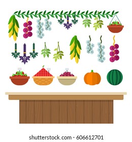 Grocery counter with pumpkin, watermelon, corn, cherry, onion, garlic and herbs above it vector flat material design isolated on white