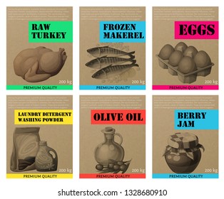 Grocery craft paper banners set vector design. Concept of advertising flyer with food icons