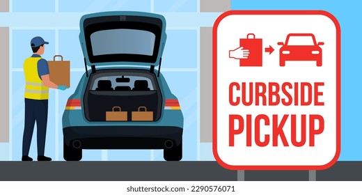 Grocery curbside pickup service at the supermarket: man putting grocery bags in a car trunk