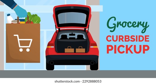 Grocery curbside pickup service at the supermarket: supermarket employee putting grocery bags in a car trunk