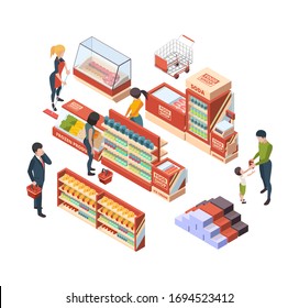 Grocery Customers. Isometric People With Shopping Carts In Retail Market Buying Food Marketplace Items Vector Collection