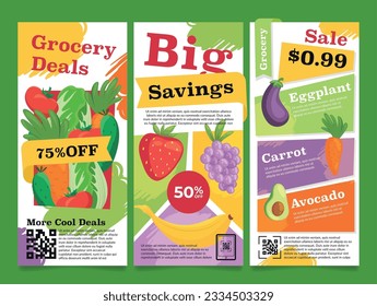 La compra de la tienda compra compra grandes ahorros de venta de verduras orgánicas descuento de la venta de la publicidad flyer set ilustración vectorial. Cultivos cosecha cosecha cosecha cosecha alimentos oferta especial cupón productos comerciales compras al por menor