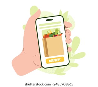 Lebensmittellieferungsanwendung. Charakter hält Smartphone mit Gemüse-Icons. Online-Shopping und Zustellung nach Hause. In: Elektronische Musik Commerce and Marketing. Cartoon-Vektorillustration