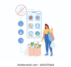 Grocery delivery concept. Body positive. A girl shopping online via phone. Buy products or food online. Online order during quarantine. Buy at home. 