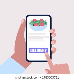 Grocery delivery concept. Hand hold smartphone with online order. Colorful flat vector illustration.