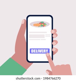 Grocery delivery concept. Hand hold smartphone with online order. Colorful flat vector illustration.