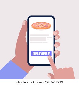 Grocery delivery concept. Hand hold smartphone with online order. Colorful flat vector illustration.