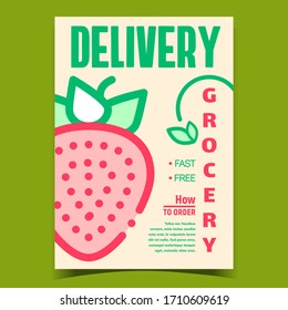 Grocery Delivery Creative Advertise Poster Vector. Fresh Strawberry Berry Delivery Promotional Banner. Organic Natural Bio Vitamin Product Concept Template Stylish Colorful Illustration