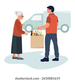 Grocery delivery to elderly woman by young man in casual clothing with delivery van in background vector