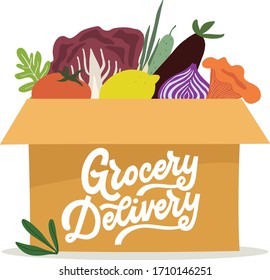 Grocery delivery. Hand lettered typography quote for a grocery food delivery service. Box of fresh groceries. Vector illustration
