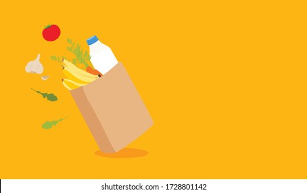 Grocery delivery at home: banner template full shopping bag with fresh vegetables and fruits, food and beverage. Eco shopping bag. Paper bag with fruits and vegetables. Shopping vector concept