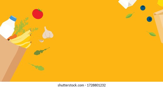 Grocery delivery at home: banner template design full shopping cart, paper bag with fresh vegetables and fruits, food and beverage. Eco shopping bag. Shopping vector concept
